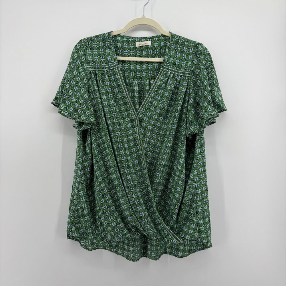 Max Studio Womens 1X Green Floral Surplice V-Neck Short Sleeve Blouse 3W02D72